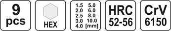 KLUCZE HEX 9CZ. 1,5-10MM CRV